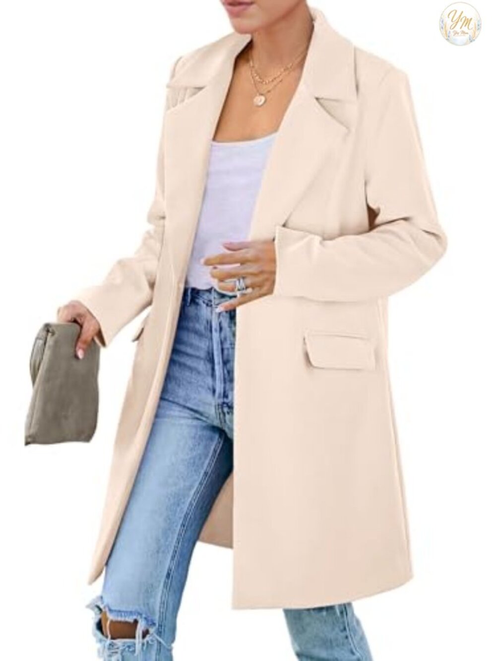 Womens Business Casual Long Blazer Jackets with Padded Shoulders and Flap